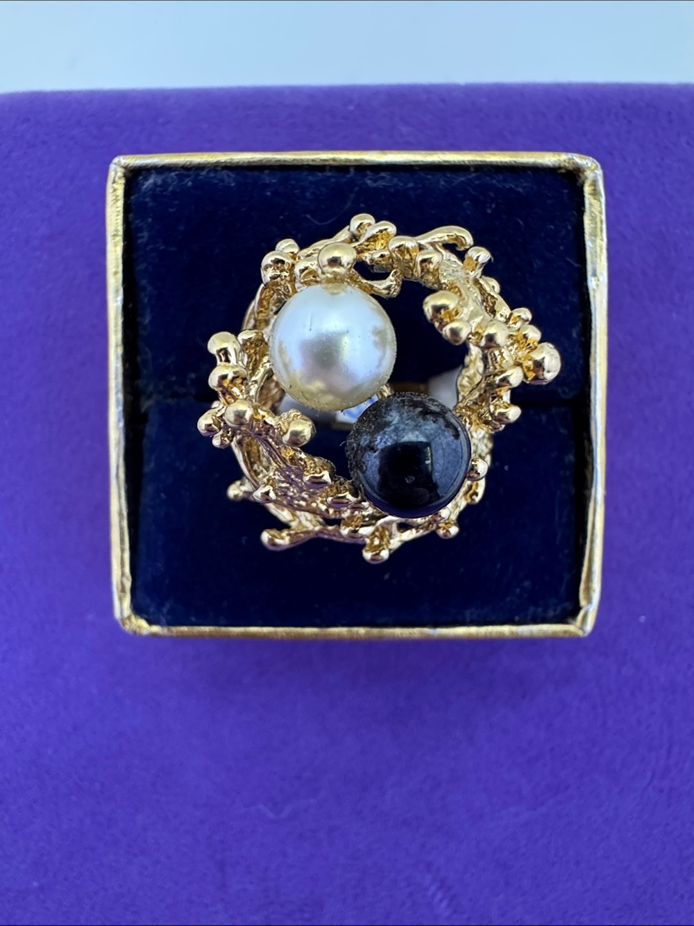 💛 Vintage Gold Plated Brutalist Pearl & Onyx Statement Ring | New Old Stock